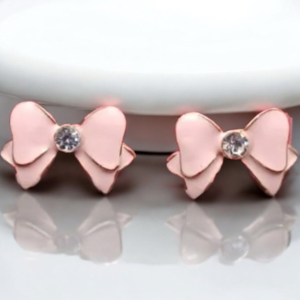 Pink Bow Crystal, Enamel, & Silver Stud Earrings - Picture 4 of 5